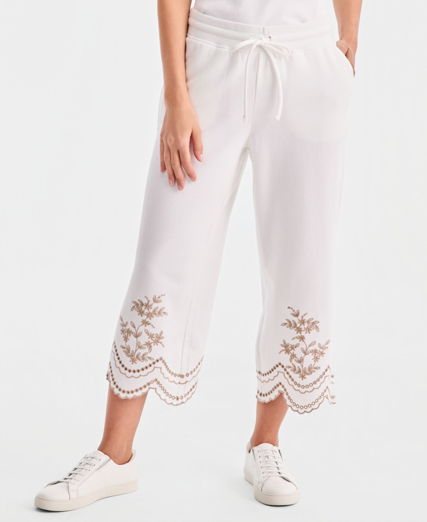 Petite Trim Eyelet Wide-Leg Knit Pants