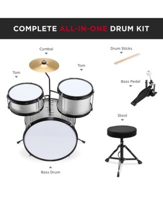 Kids Beginner 3-Piece Drum, Musical Instrument Set w/ Sticks, Cushioned Stool, Drum Pedal
