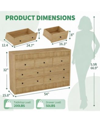 54" Wide Wooden 7 Drawer Fluted Dresser