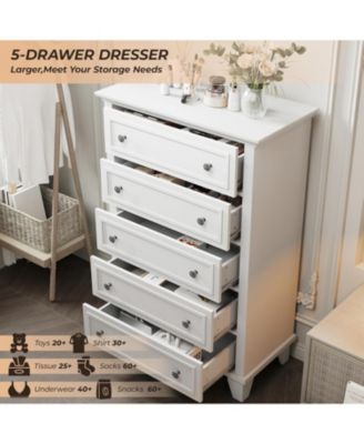 White 5-Drawer Wooden Dresser, Storage Chest with Exquisite Metal Handles