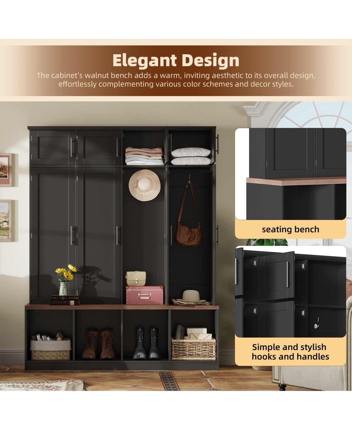 Boyel Living Farmhouse Hall Tree with Hidden Hooks and Walnut Seating Bench