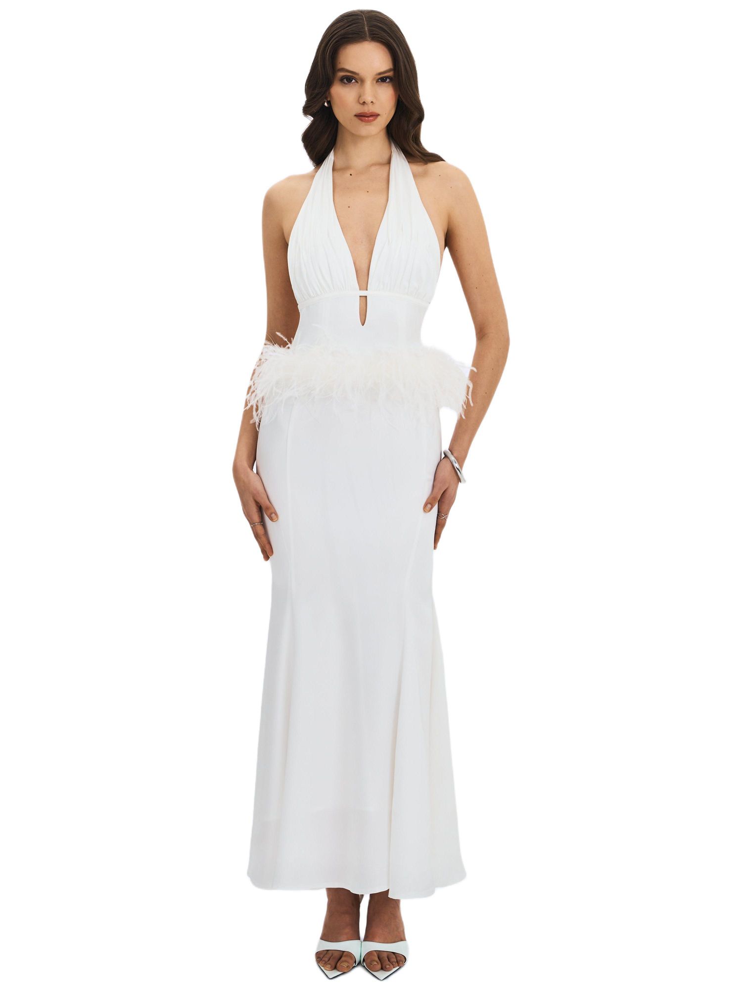 Women Solene Pleated Halter Backless Feather-Trim Maxi Dress