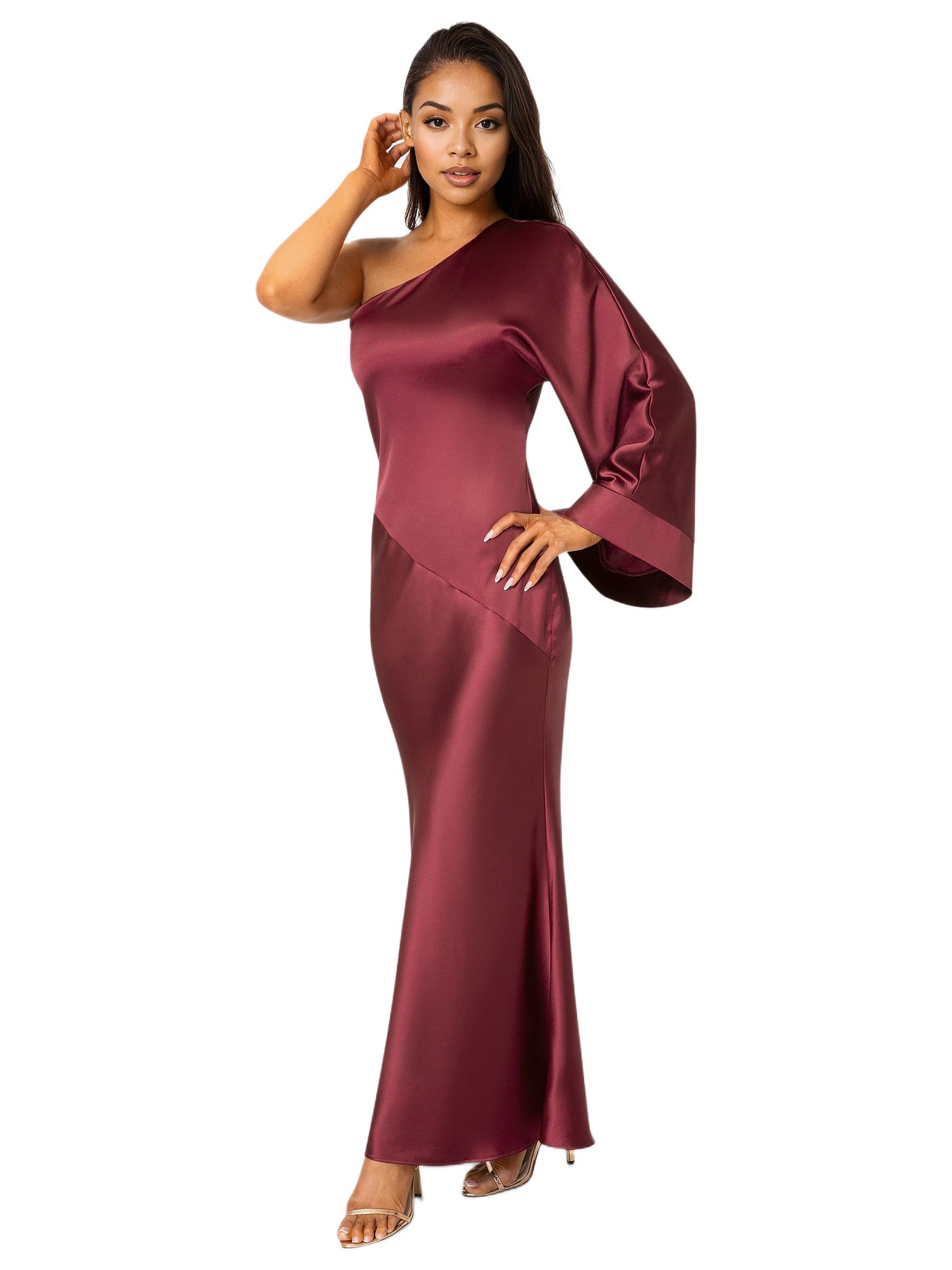 Womens One Shoulder Bell Sleeve Satin Dress