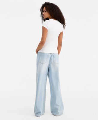 Juniors' Lace-Trim Destructed Elastic-Back Jeans
