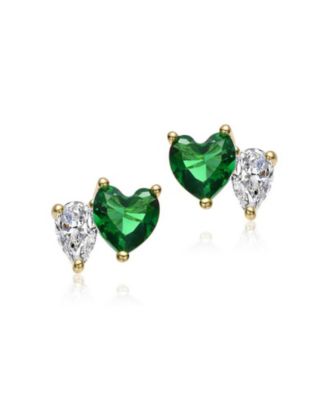 Sparkling 14K Gold Plated Green & Clear CZ Stud Earrings