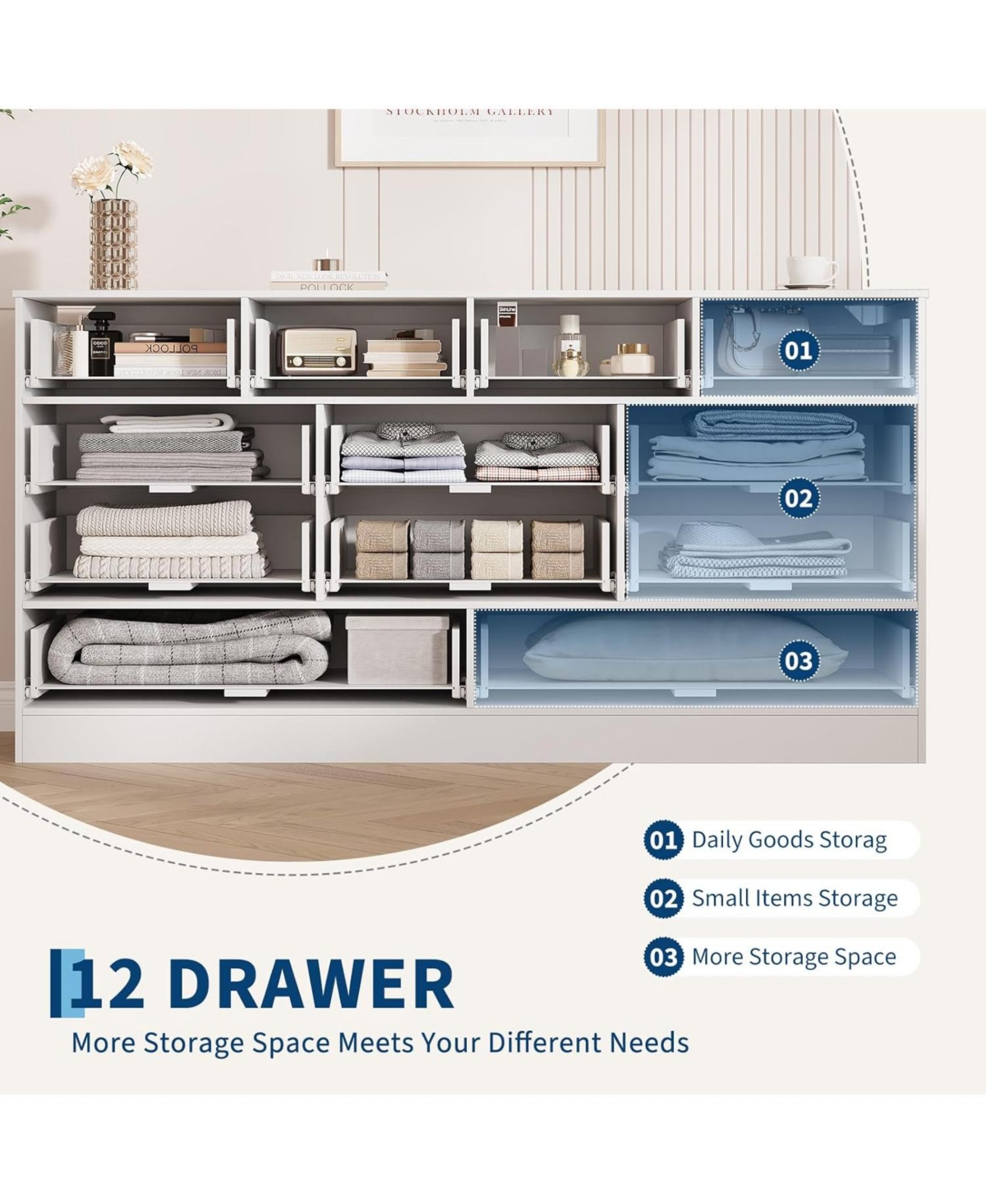 gaomon 12 Drawers Wooden Dressers for Bedroom, Wood Chest of Drawers Clothes Storage Organizer for Living Room, Hallway, Modern Wide Tv Stand Dresser