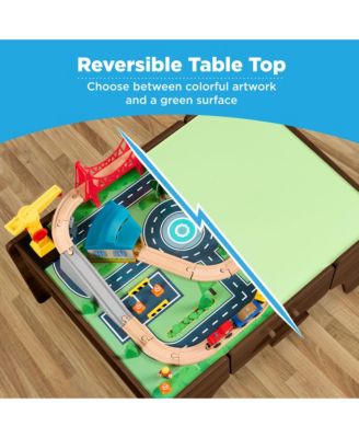 Wooden Train Set Table for Toddlers, 56pc Multi-Activity Table for Kids w/Toy Storage Drawer & Reversible Top