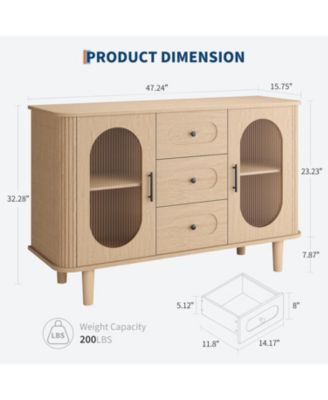 47" Sideboard Buffet Cabinet with Fluted Glass Doors & 3 Drawers