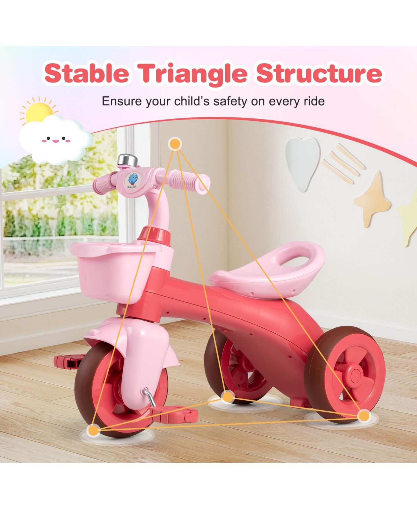 Детская игрушка Mecale Toddler Tricycle with Limited Steering, Front Storage Baskets & Bell, Ages 3–5, цвет: Розовый — фото 6