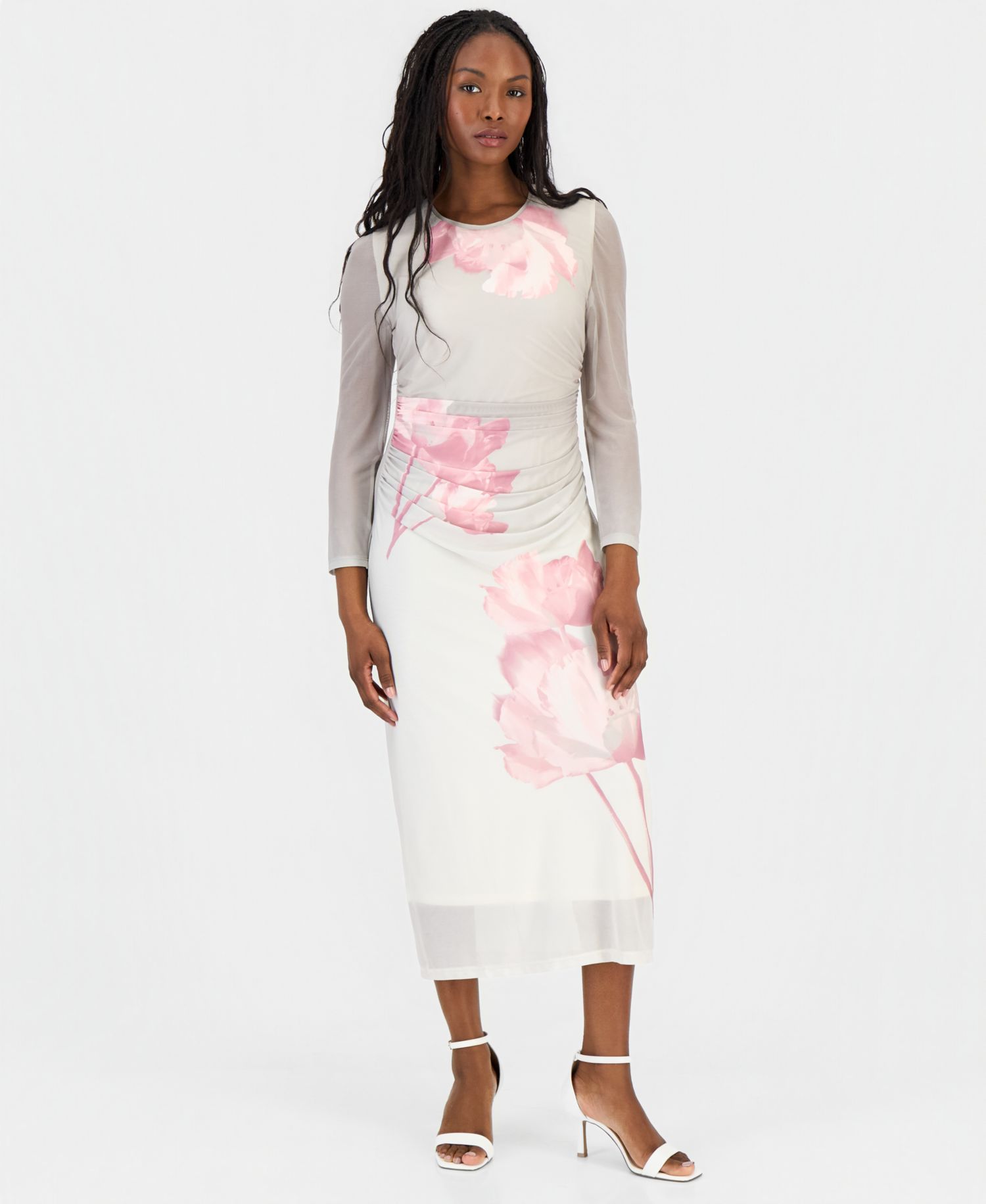Petite Ruched Printed Mesh Midi Dress