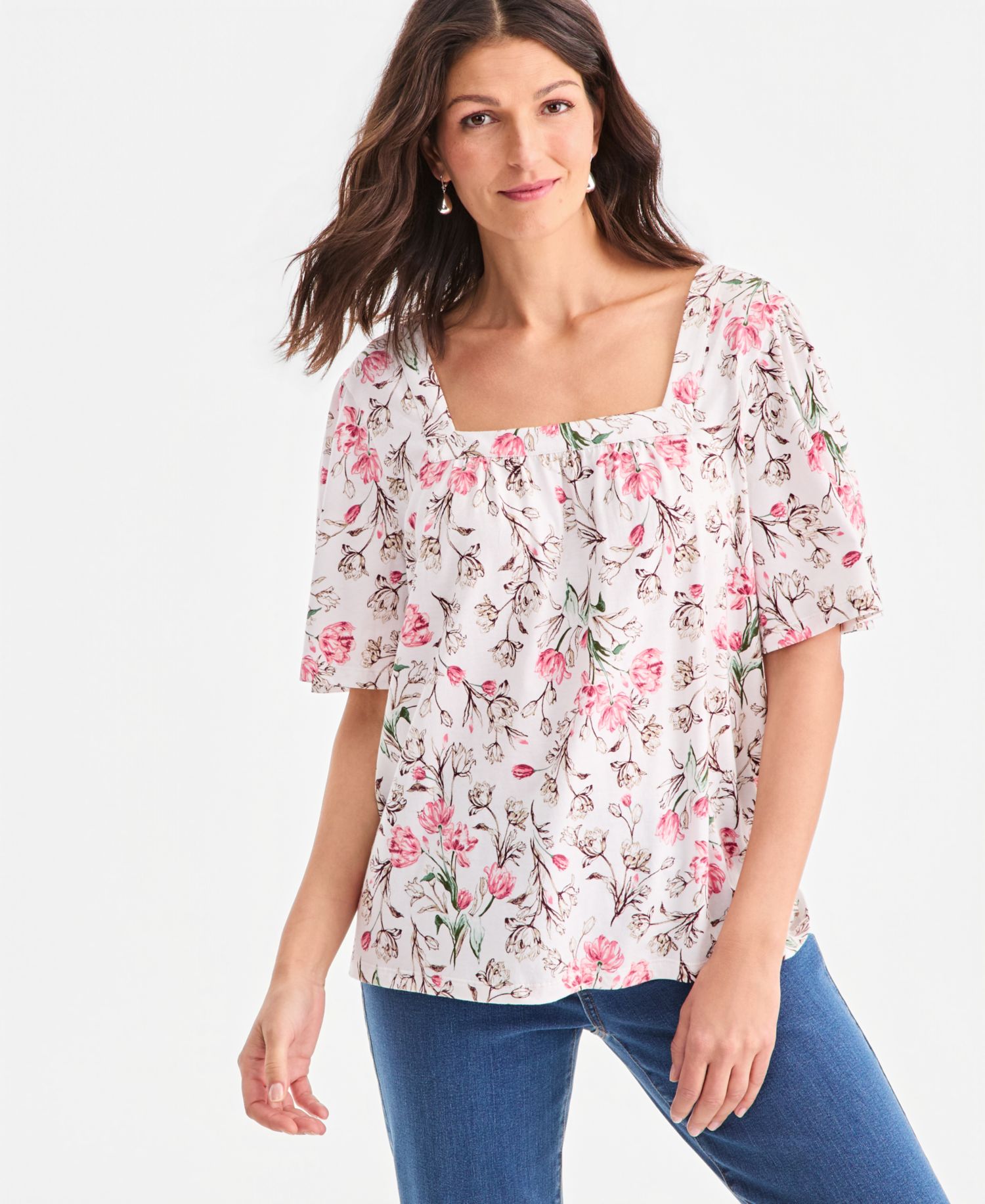 Petite Printed Square-Neck Short-Sleeve Top, Macy's Exclusive
