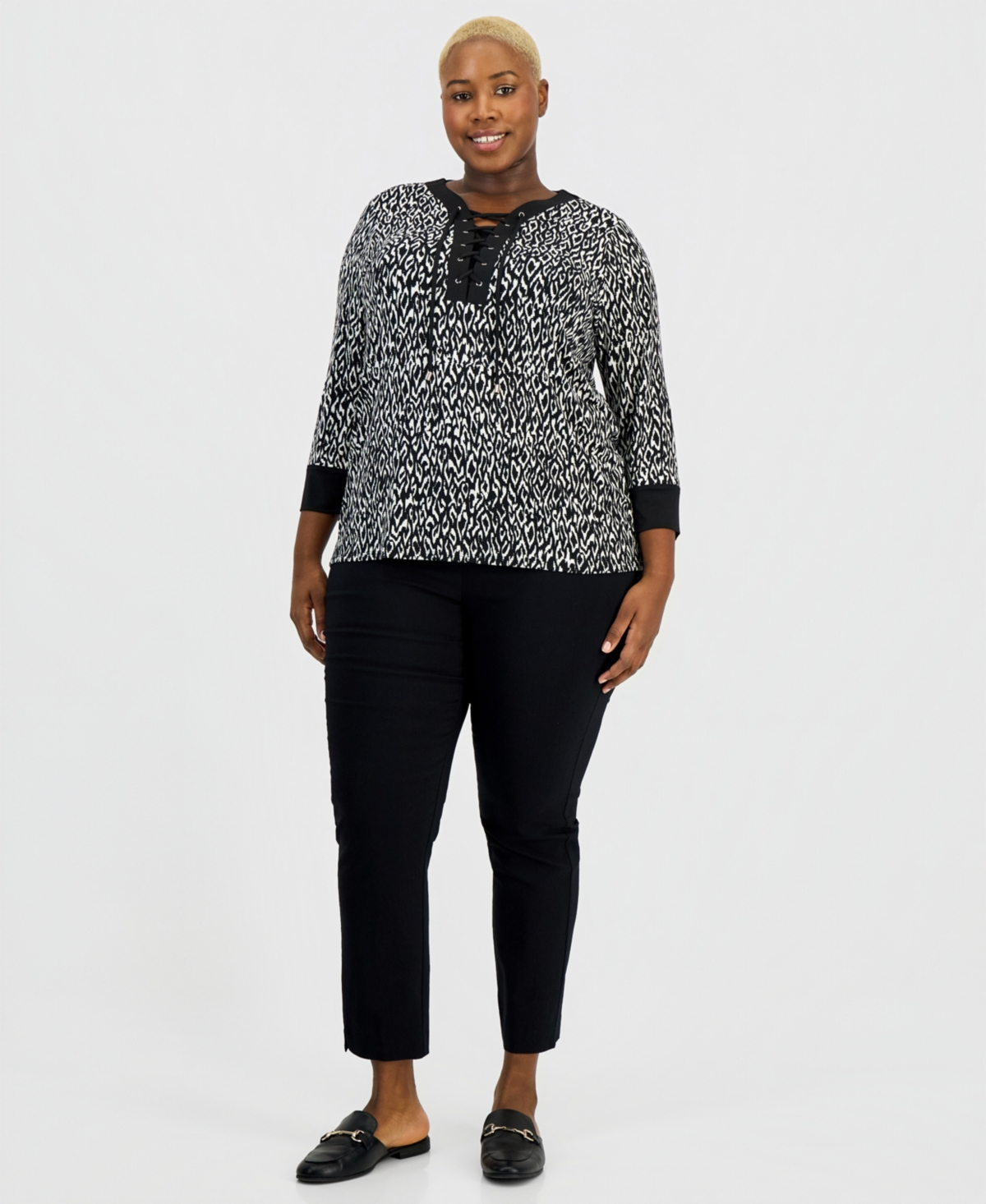 Jm Collection Plus Lace-Up 3/4-Sleeve Knit Top, Macy's Exclusive