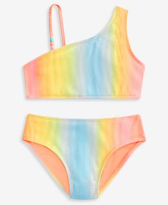 Girls' 7-16 One-Shoulder Ombr&eacute; Stripe Swimsuit, 2-Piece Set