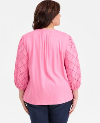 Plus Size Solid Split-Neck Eyelet Top