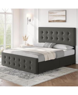 Full Size Bed Frame with 4 Storage Drawers and Headboard, Linen Upholstered Platform Bed Frame with Wooden Slats Support