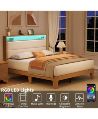 Boucle Upholstered Bed Frame with LED & Charging Station, Solid Wood Slats, No Box Spring - Full