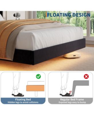 Queen Floating Bed Frame with LED Lights, Velvet Upholstered Platform, Storage Headboard