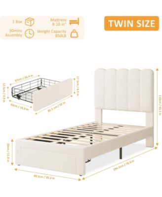 2 Sets Twin Bed Frame with Under-Bed Drawer, Upholstered Platform Bed with Wave Headboard for Kids/Girls, Wooden Slats Support, Boucle Beige