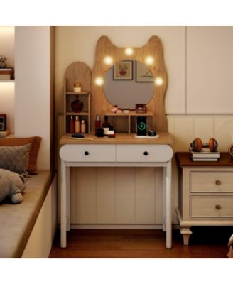 Small Kitty Vanity Desk with Lighted Mirror and Power Outlets, Makeup Table