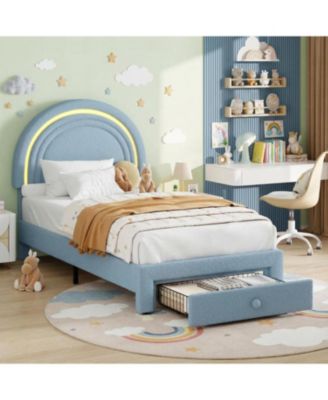 Twin LED Bed Frame with Storage Drawer, Rainbow Headboard, Fleece Princess Platform for Kids, Wood Slats, No Box Spring