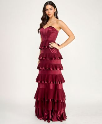 Juniors' Strapless Corset Ruffle Tier Slim Gown