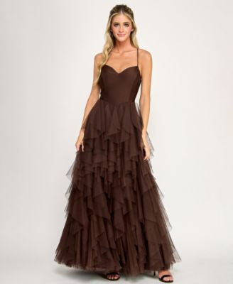 Juniors' Open Back Mesh V-Neck Cascade Layered Gown