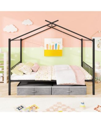 Kids Full Metal House Bed with Roof Frame and Fabric Drawers - 56