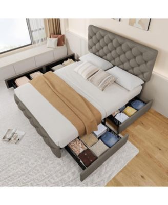  Queen Size Bed Frame with 4 Storage Drawers, Linen Upholstered Platform Bed Frame with Adjustable Headboard, Diamond Stitched Button Tufted