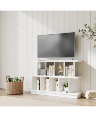 8 Cube Bookcase, Low Open Wood Storage Shelf with Removable Back Panels, Freestanding Bookshelf