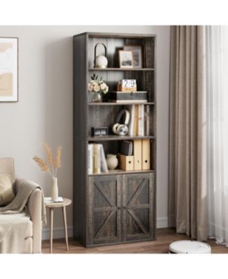 Tall Farmhouse Bookcase, 6-Tier Wooden Shelves with Drawer, Narrow Wood & Metal Storage Organizer
