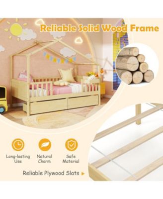 Twin Size House Bed with Roof Design and Two Built-In Drawers