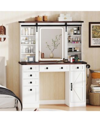 Farmhouse Vanity Desk with Barn-Style Sliding Mirror and 3 Lighting Modes