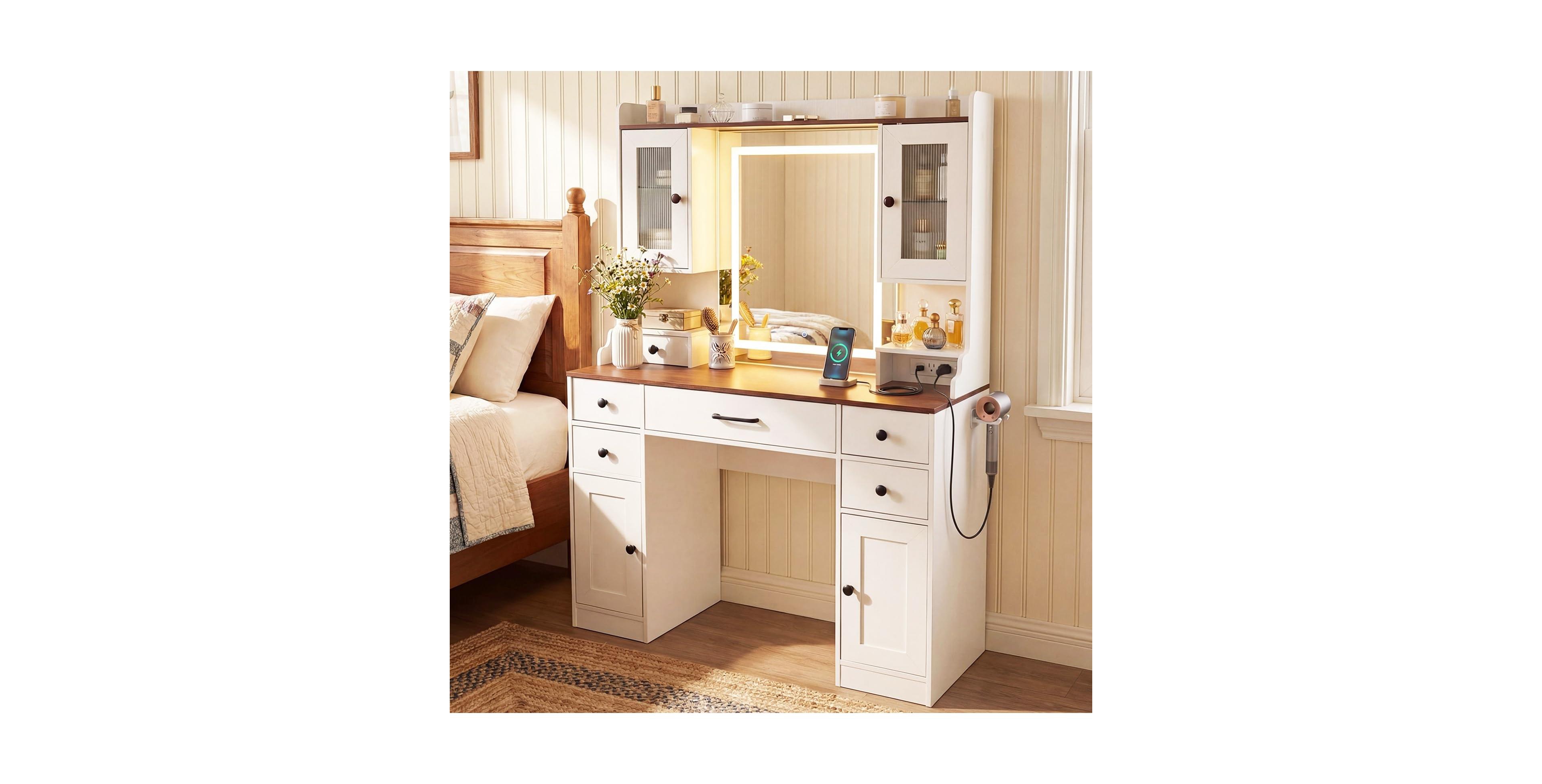 Volenca 41.5" Makeup Vanity Desk with Power Outlets and 3 Color Lighting Modes, Mirror