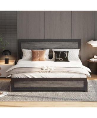 King Bed Frame with Headboard, Industrial Platform, 4 Storage Drawers, Charging Station, Metal Slats, Washed Gray
