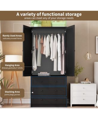 Armoire Wardrobe Closet with Drawers, 69.5" Wooden Wardrobe Cabinet with Hanging Rod & Doors