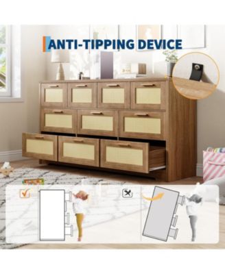 10 Drawers Dresser for Bedroom, Rattan Chest of Drawers with Spacious Tabletop & Handles, Closet Dresser Organizer TV Stand for Living Room,