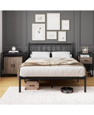 Rattan Nightstand with Tempered Glass Top, 2-Door Open Storage Cabinet with Steel Frame for Bedroom