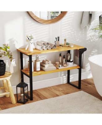 2-Tier Solid Teak Wood Bathroom Shelf with Towel Rack