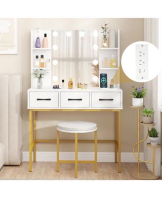 Vanity Desk and Cushioned Stool Set with Lighted Mirror and Lights, Makeup Table