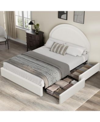 Queen Bed Frame with Storage Drawers, Boucle Upholstered Platform, Round Headboard, Heavy-Duty, Noise-Free, No Box Spring, White