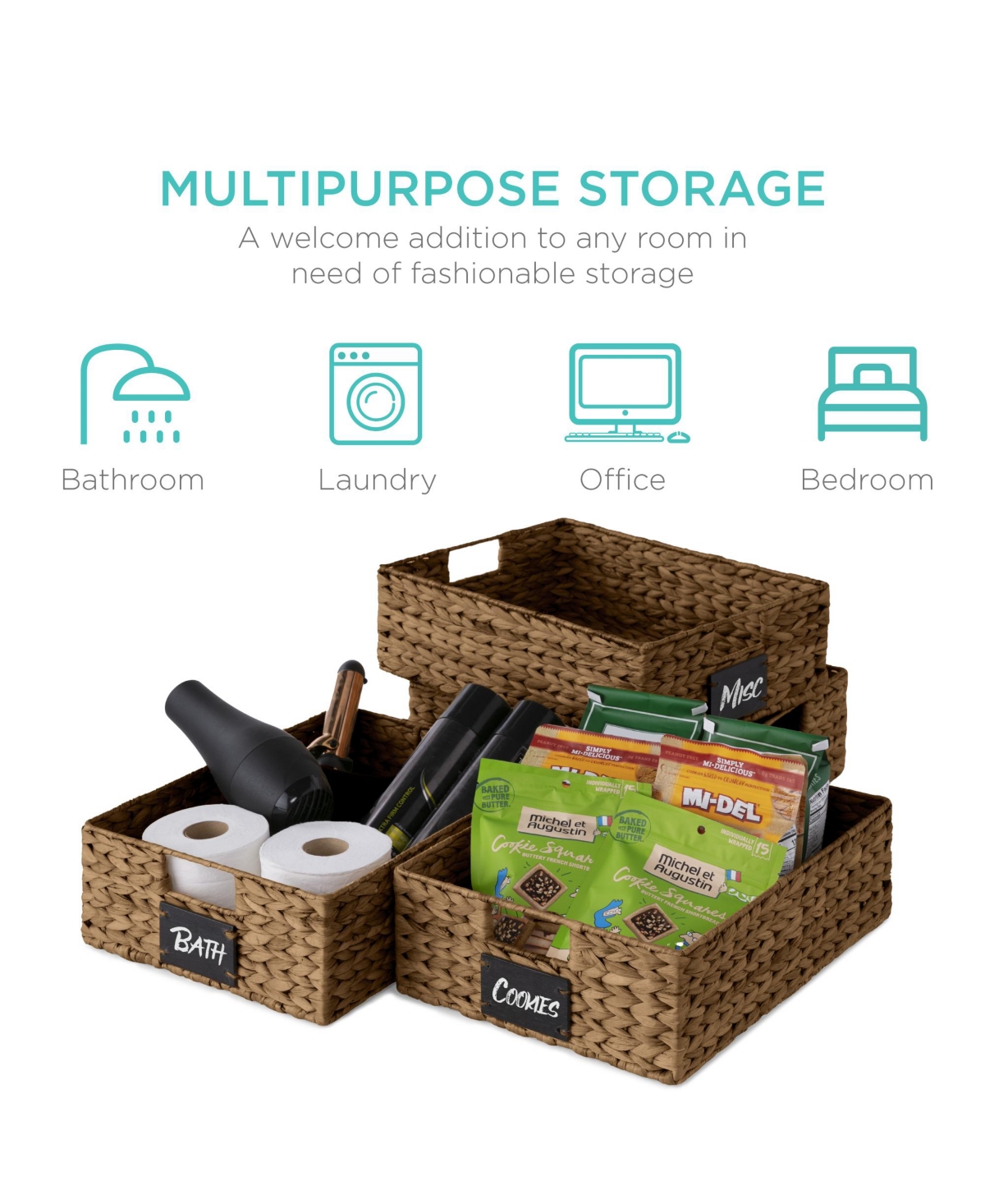 Best Choice Products Set of 4 16x12in Woven Water Hyacinth Pantry Baskets w/ Chalkboard Label, Chalk Marker