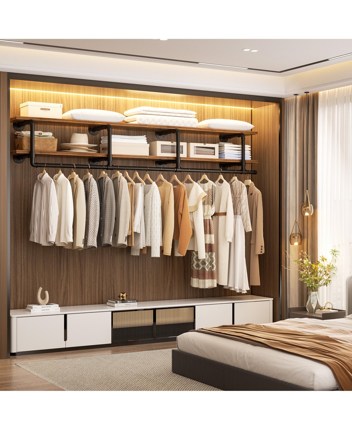 2-Tier Clothing Rack with Hanging Rod, Clothing Shelves with Top Shelf