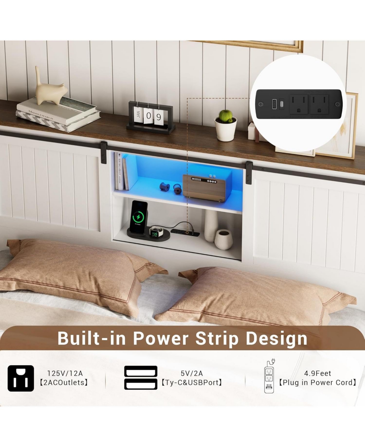 gaomon Farmhouse Bed Frame with Led Lights, Charging Station, Storage Bookcase Headboard, Sliding Barn Door - Queen