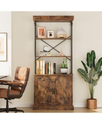 Tall Bookshelf with Doors, Industrial Freestanding Wood & Metal Bookcase, Storage Shelf Organizer for Bedroom and Living Room