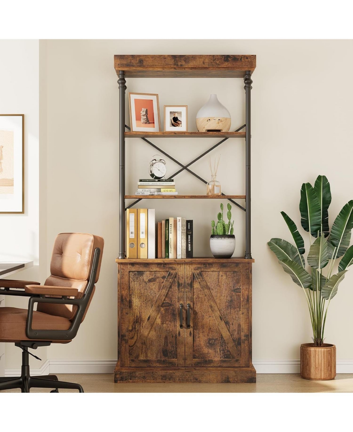 gaomon Tall Bookshelf with Doors, Industrial Freestanding Wood & Metal Bookcase, Storage Shelf Organizer for Bedroom and Living Room