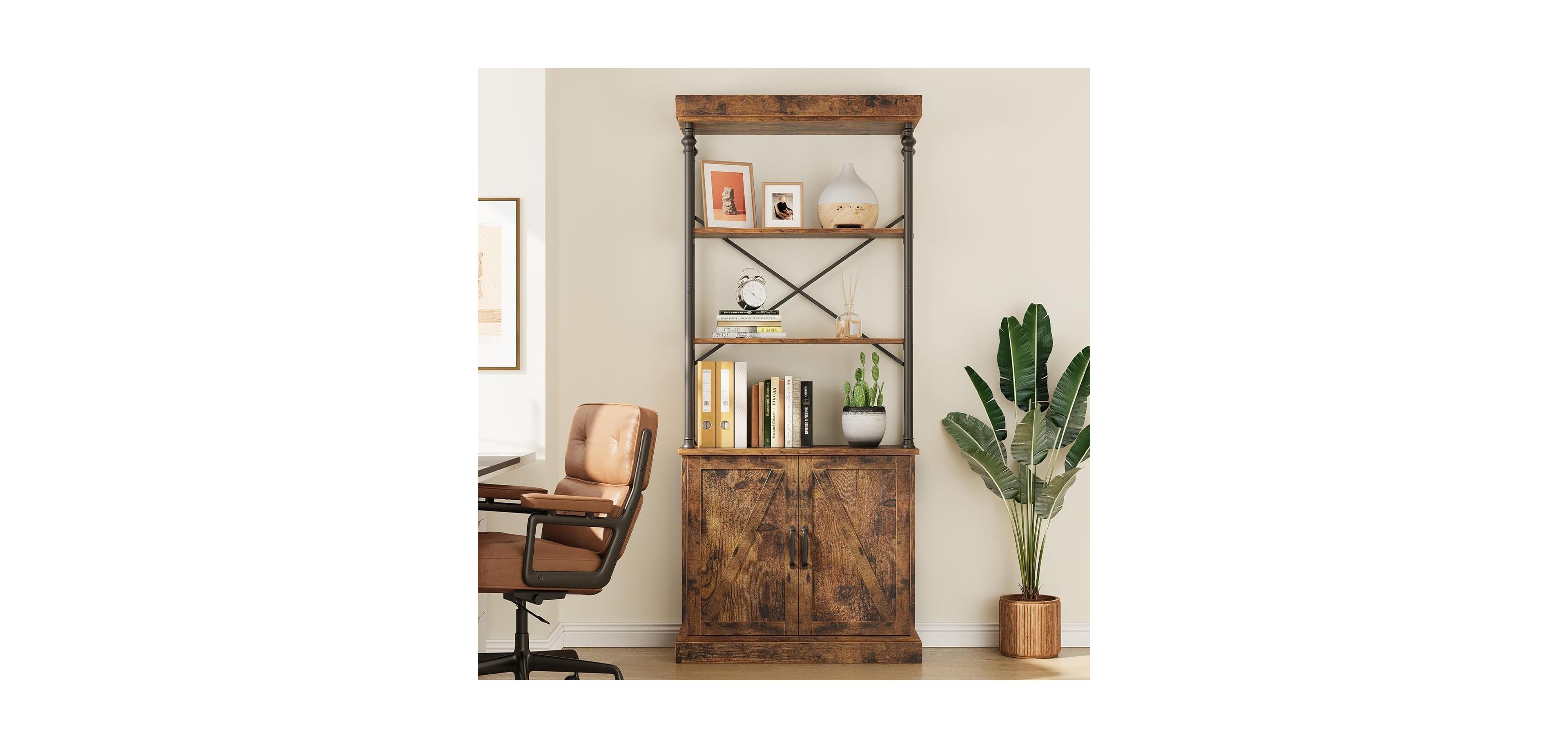 gaomon Tall Bookshelf with Doors, Industrial Freestanding Wood & Metal Bookcase, Storage Shelf Organizer for Bedroom and Living Room