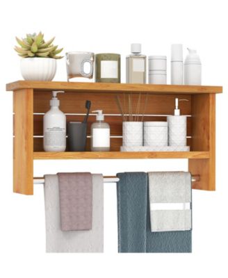 Wall-Mount 2-Tier Solid Teak Wood Bathroom Shelf with Towel Bar
