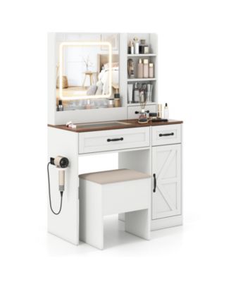 Farmhouse Vanity Desk with Lighted Mirror, Makeup Dressing Table