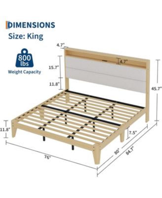 King White Boucle Upholstered Bed Frame with LED Lighting & USB Ports, 2-Tier Storage, Easy Assembly