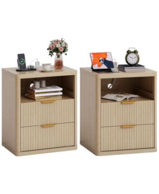 Set of 2 Natural Fluted Nightstands, 2-Drawer Bedside Table with Built-in Charging Station & Open Storage
